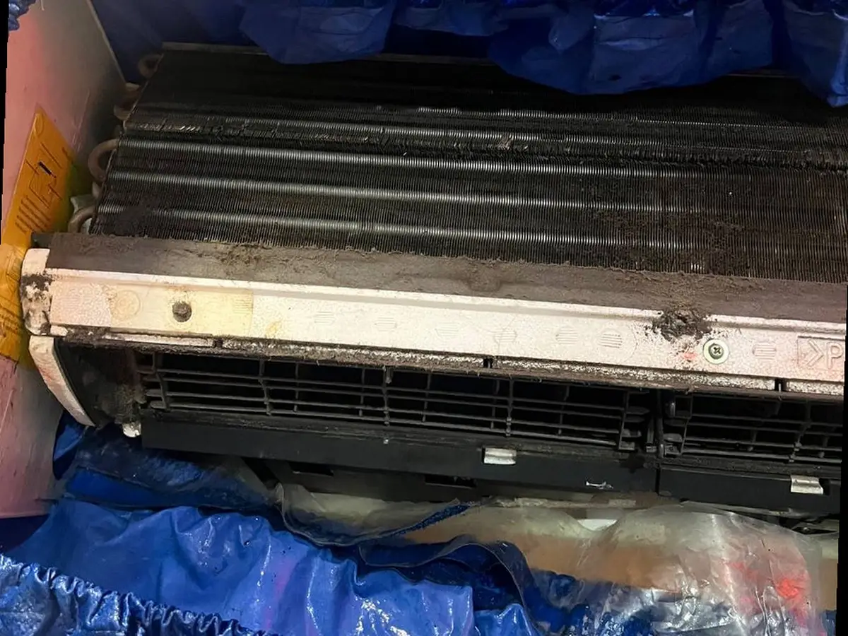 Indoor-unit coil inside a wash bag, its fins matted black with grime.